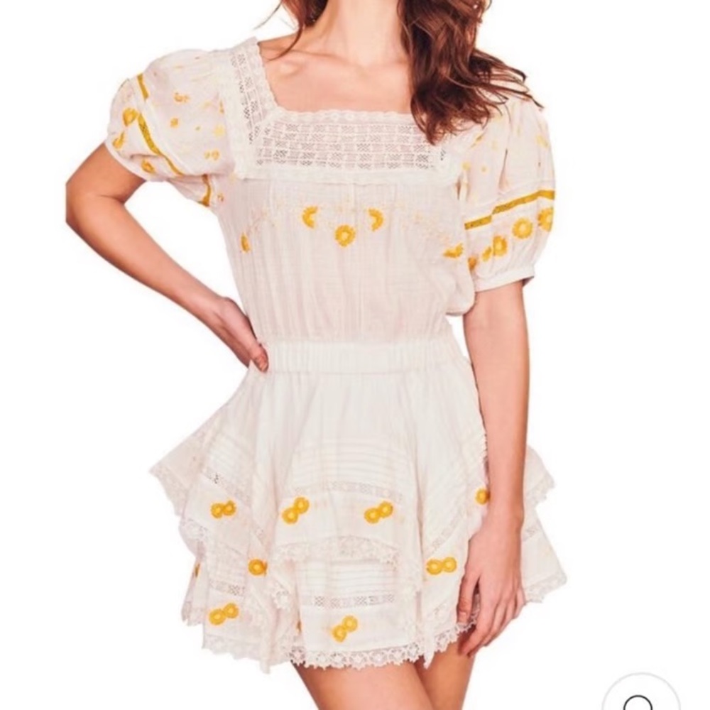 LoveShackFancy White Mini Dress with Yellow Embroidery
